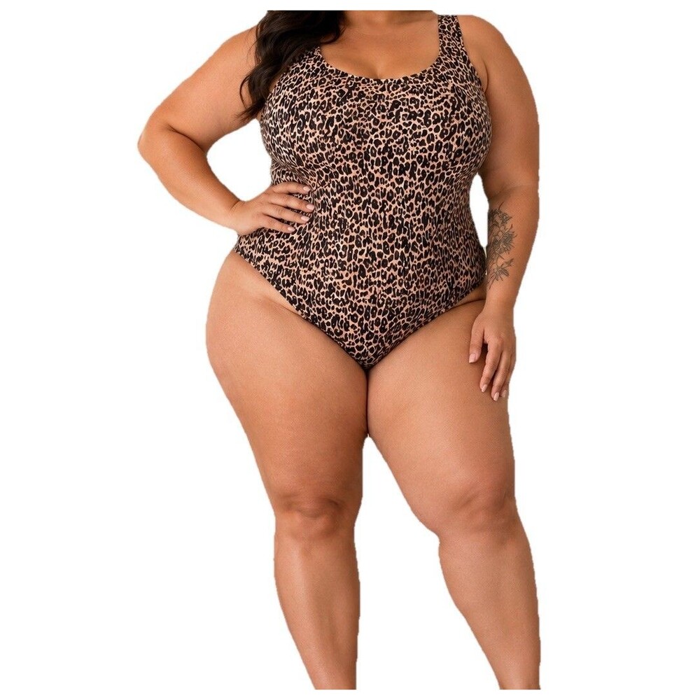 The Linen Edit Plus Size Padded Cup High Leg Swimsuit beige leopard print 2XL